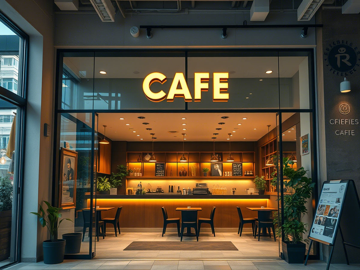 desain pintu masuk dan resepsionis cafe
